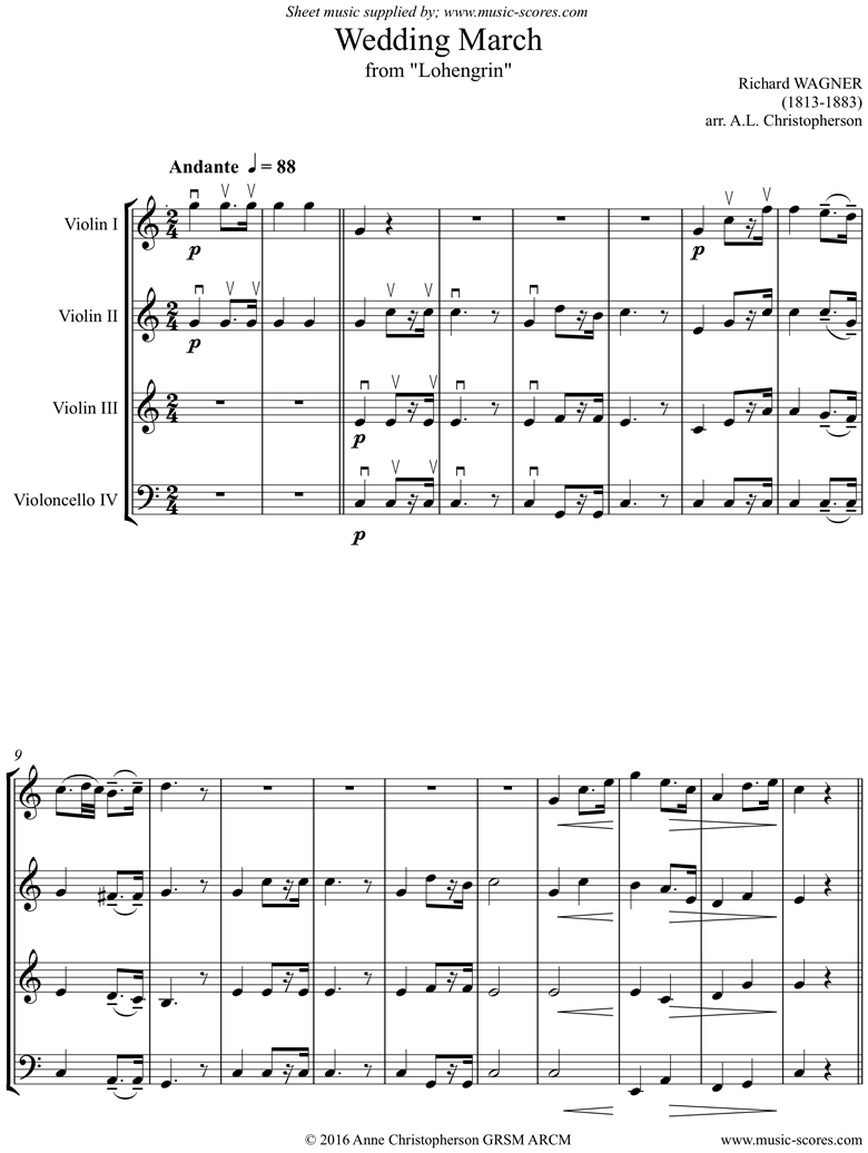 Front page of Wedding March: from Lohengrin: 3 Violins, Cello sheet music