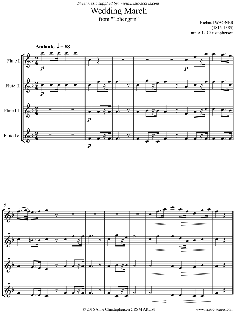 Front page of Wedding March: from Lohengrin: 4 Flutes sheet music