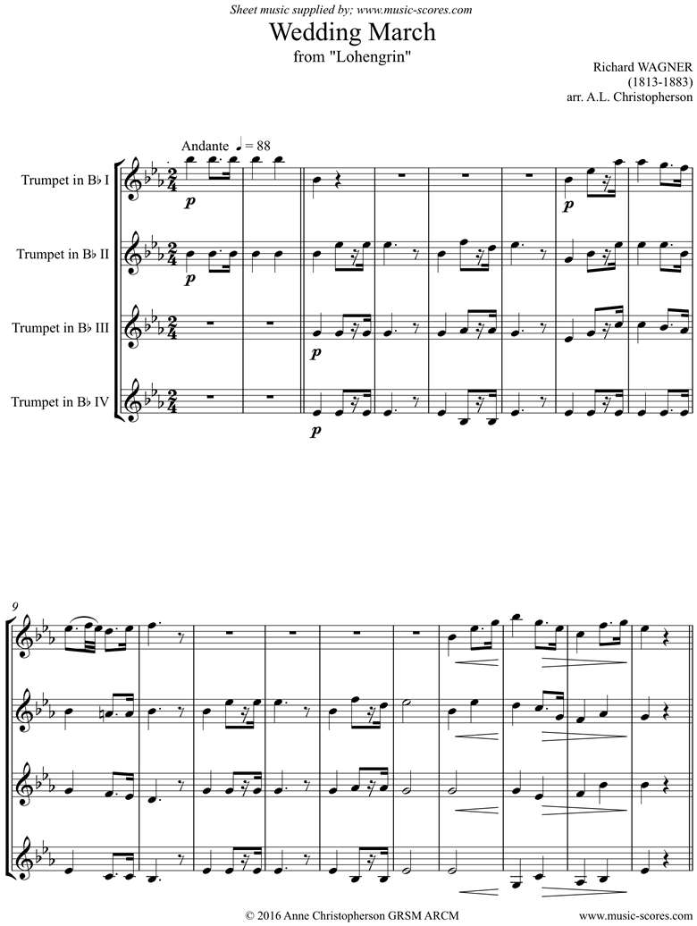 Front page of Wedding March: from Lohengrin: 4 Trumpets sheet music