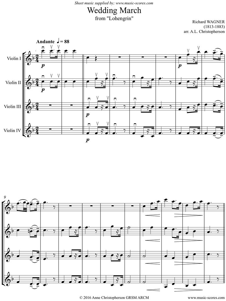 Front page of Wedding March: from Lohengrin: 4 Violins sheet music