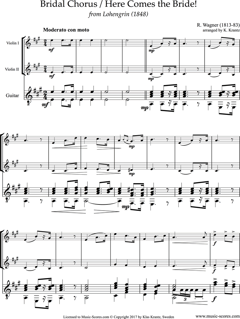 Front page of Wedding March: from Lohengrin: 2 Violins, Guitar sheet music