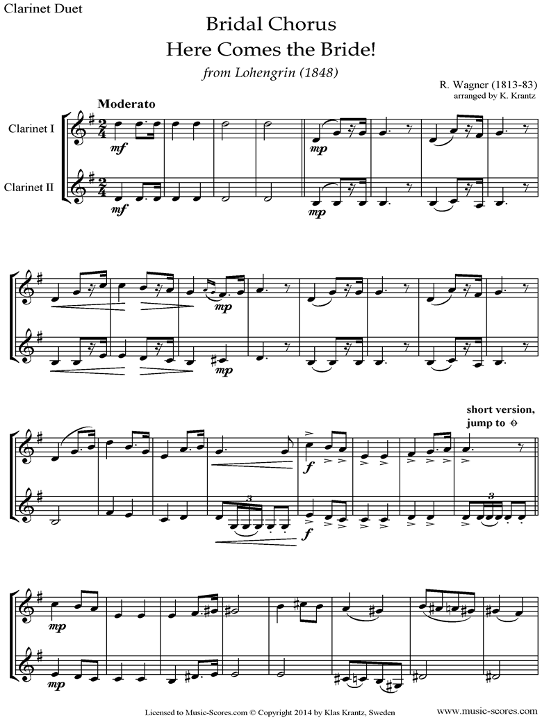 Front page of Wedding March: from Lohengrin: 2 Clarinets sheet music