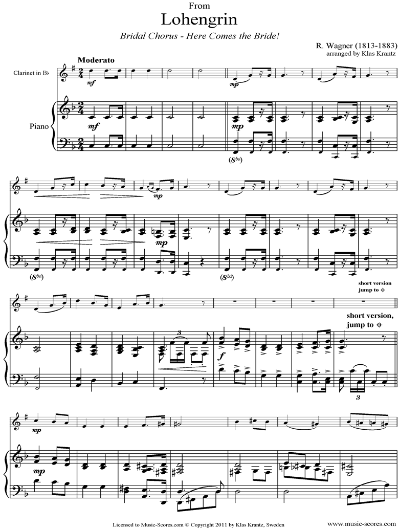 Wedding March: from Lohengrin: Clarinet, Piano by Wagner
