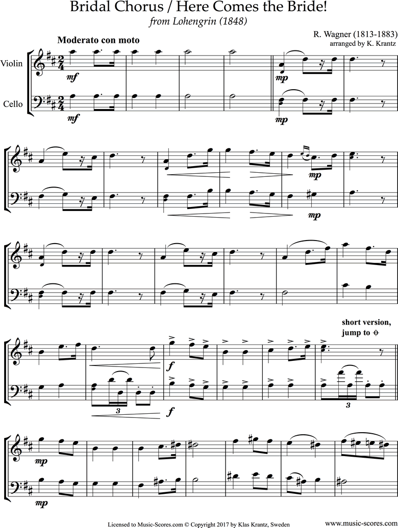 Wagner. Wedding March from Lohengrin Violin Cello. D ma classical sheet music