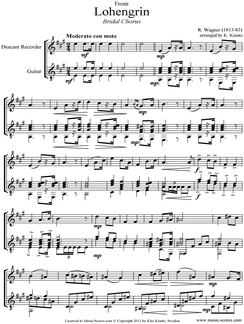 Front page of Wedding March: from Lohengrin: Descant Recorder, Guitar sheet music