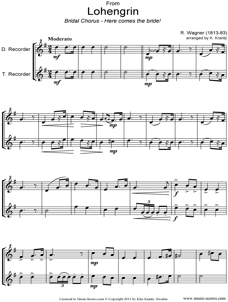 Wedding March: from Lohengrin: Descant Recorder, Treble Recorder by Wagner