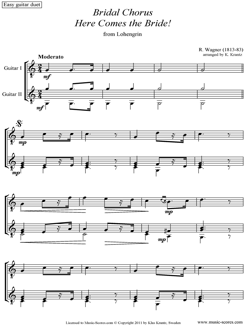 Front page of Wedding March: from Lohengrin: 2 Guitars, easy sheet music