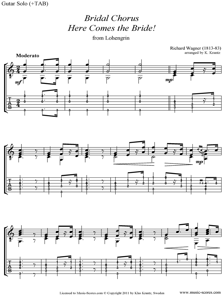 Front page of Wedding March: from Lohengrin: Guitar tabs sheet music
