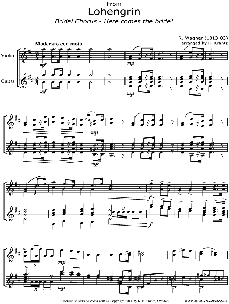 Wagner. Wedding March from Lohengrin Violin Guitar classical sheet music
