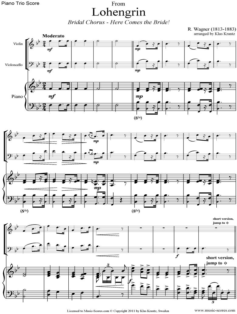 Front page of Wedding March: from Lohengrin: Piano Trio: Vn, Vc, Pno sheet music