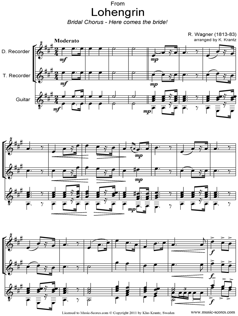 Front page of Wedding March: from Lohengrin: Descant Recorder, Treble Recorder, Guitar sheet music