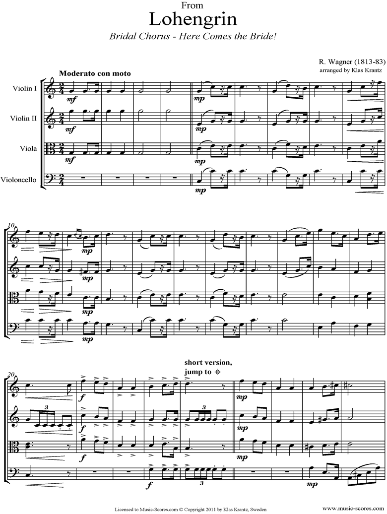 Front page of Wedding March: from Lohengrin: String Quartet sheet music