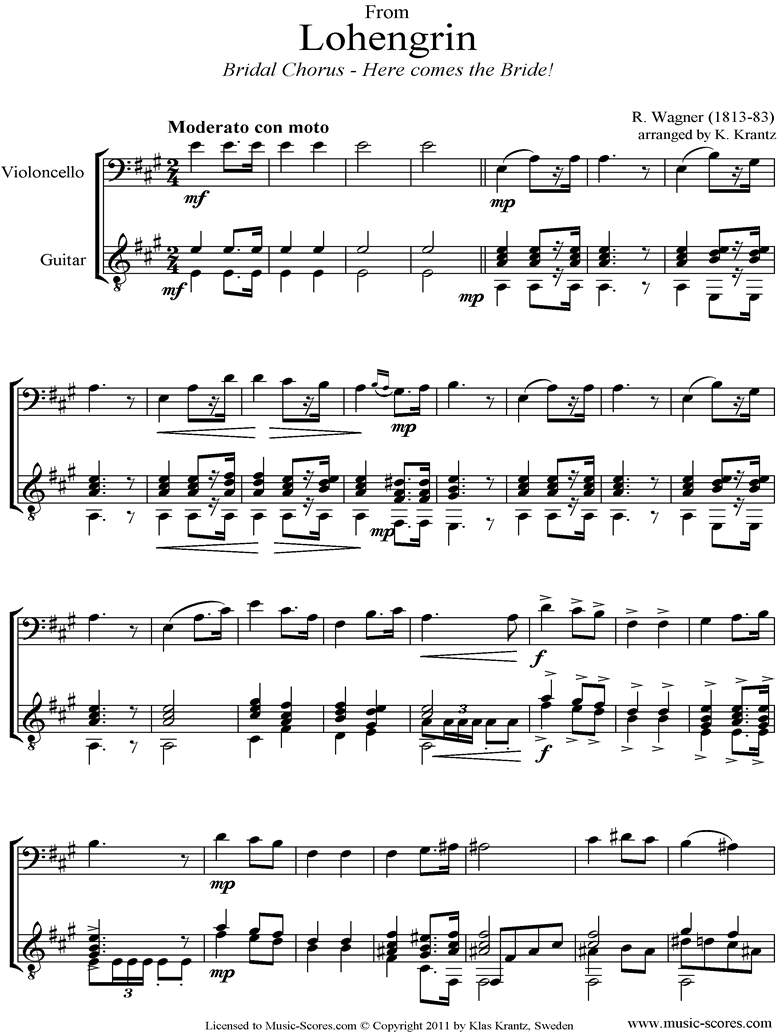 Wedding March: from Lohengrin: Cello, Guitar by Wagner