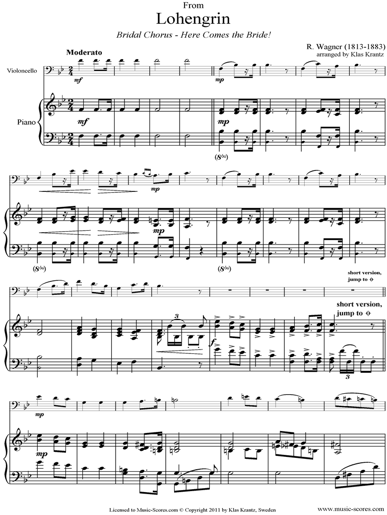 Wedding March: from Lohengrin: Cello, Piano by Wagner