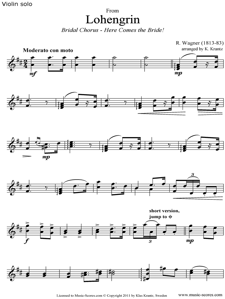 Front page of Wedding March: from Lohengrin: Violin solo sheet music