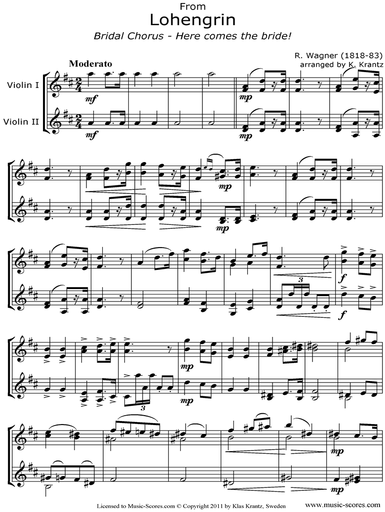 Wedding March: from Lohengrin: 2 Violins by Wagner