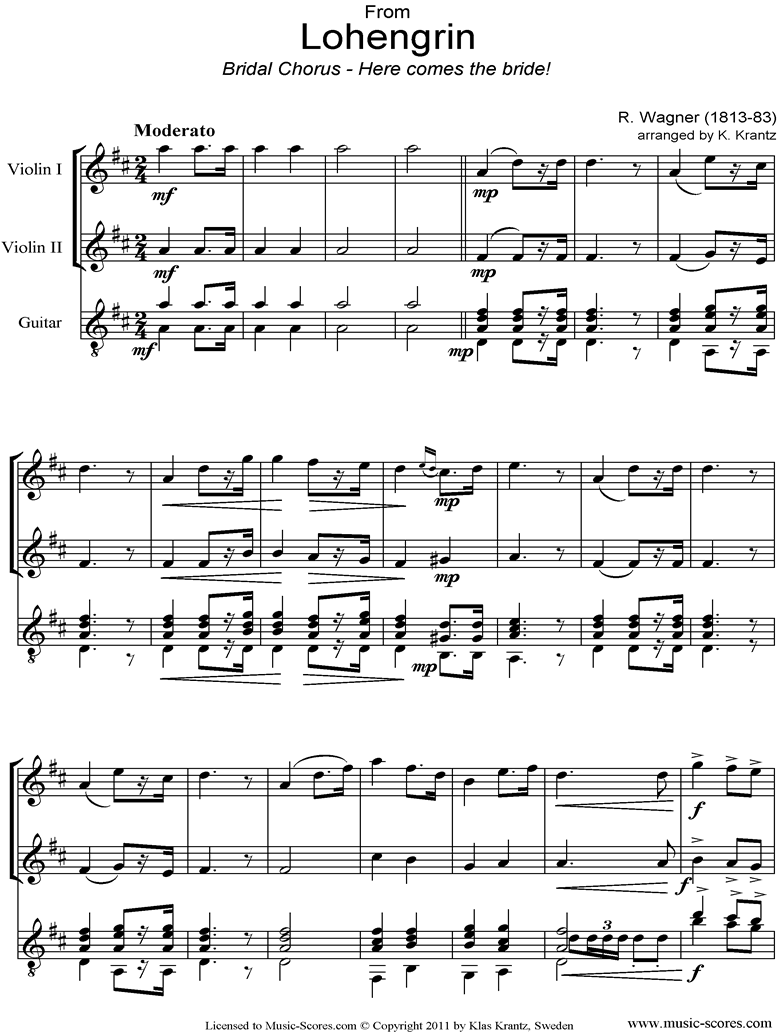 Front page of Wedding March: from Lohengrin: 2 Violins, Guitar sheet music