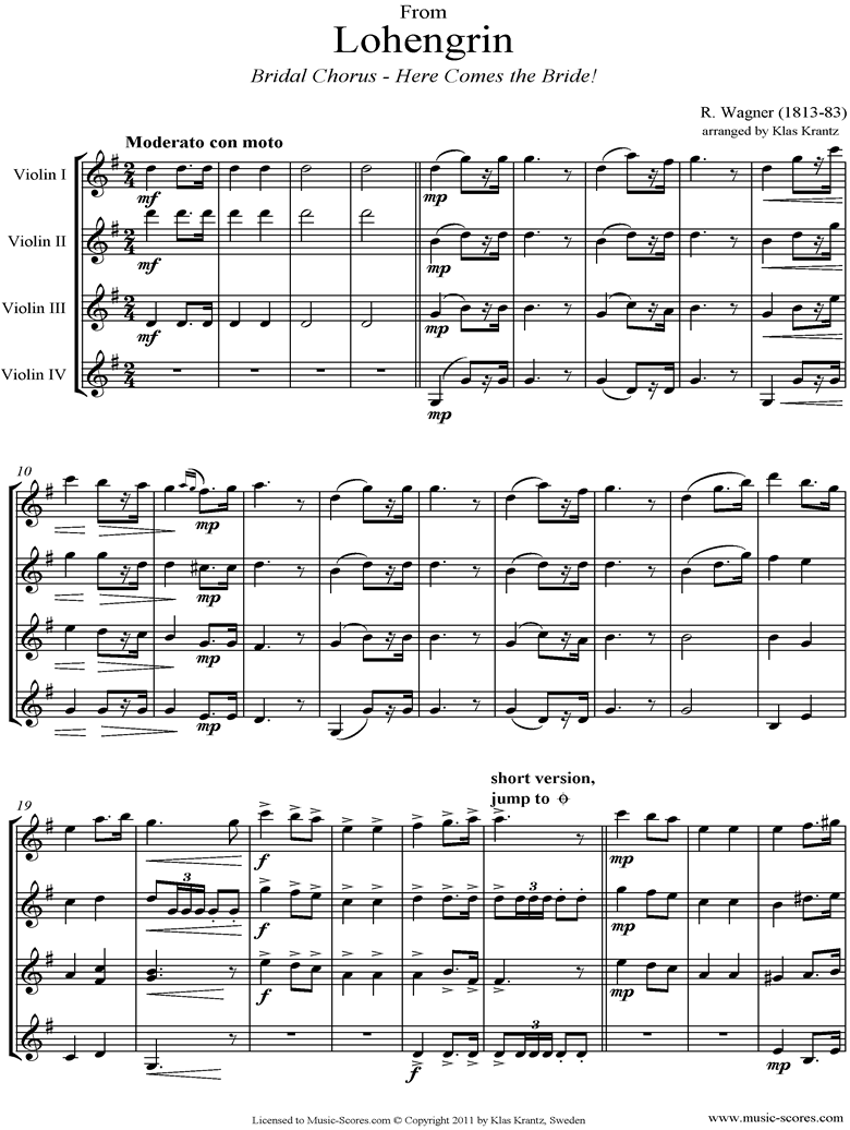 Front page of Wedding March: from Lohengrin: 4 Violins sheet music