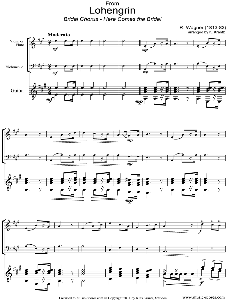 Front page of Wedding March: from Lohengrin: Violin, Cello, Guitar sheet music