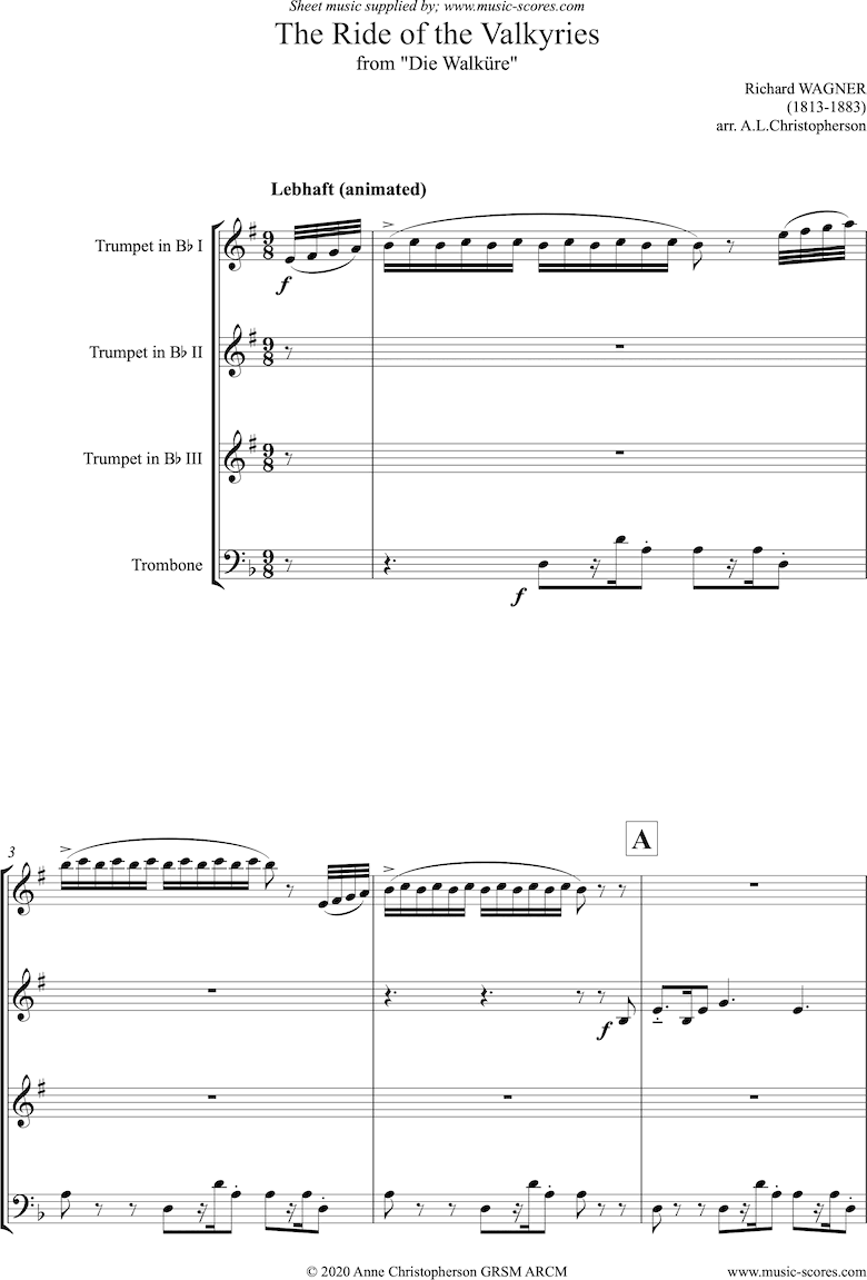 Front page of Ride of the Valkyries: 3 Trumpets, Trombone sheet music