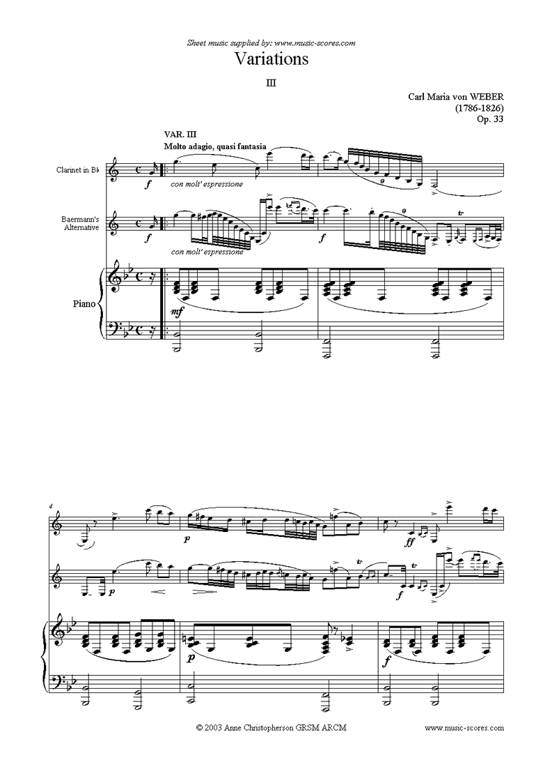 Front page of Variations: Op. 33 for clarinet (d) sheet music