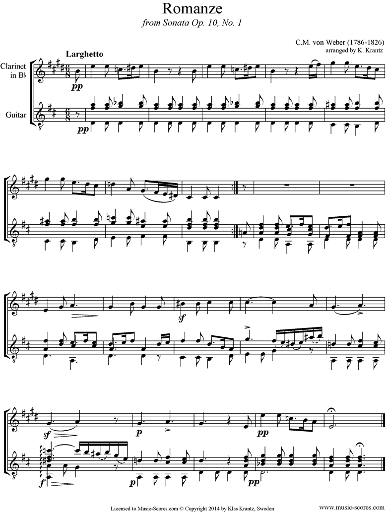 Front page of Op.10a, No.1, 2nd mvt: Romanze: Clarinet, Guitar sheet music