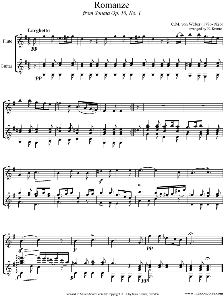 Front page of Op.10a, No.1, 2nd mvt: Romanze: Flute, Guitar sheet music