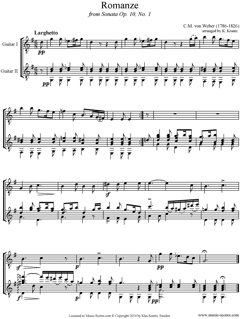 Front page of Op.10a, No.1, 2nd mvt: Romanze: 2 Guitars sheet music