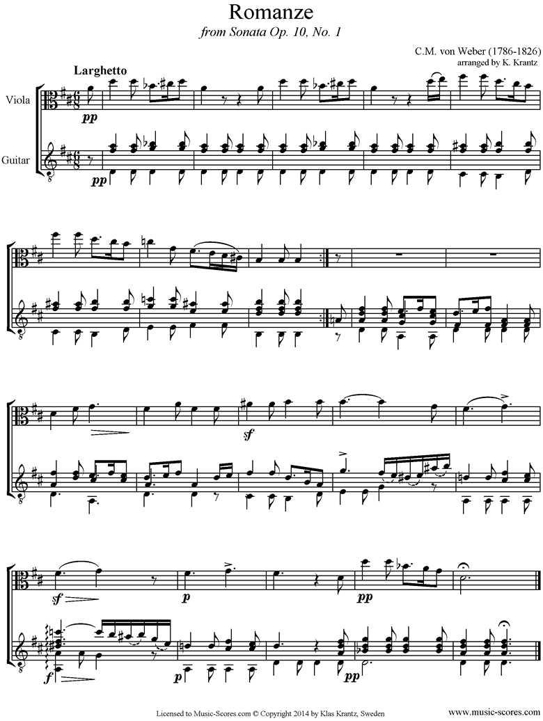 Front page of Op.10a, No.1, 2nd mvt: Romanze: Viola, Guitar sheet music