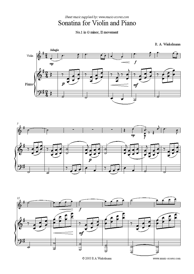 Front page of 1st Violin Sonatina, 2nd Movement sheet music