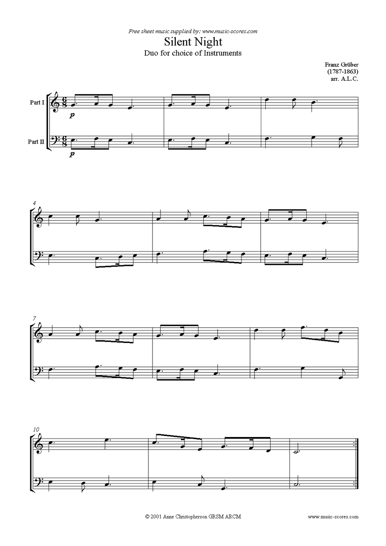 Front page of Silent Night, Holy Night: Duo sheet music