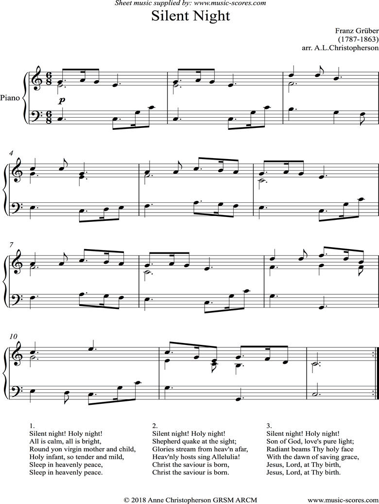 Front page of Silent Night, Holy Night: Piano sheet music