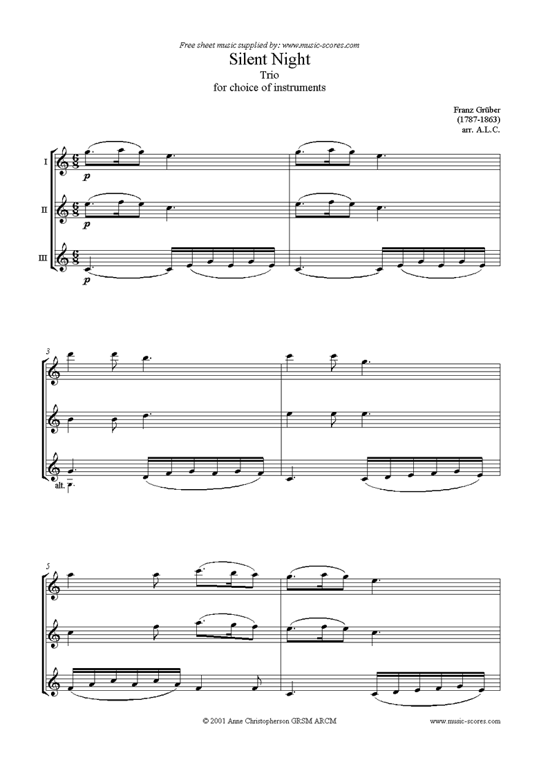 Front page of Silent Night, Holy Night: Any 3 instruments sheet music