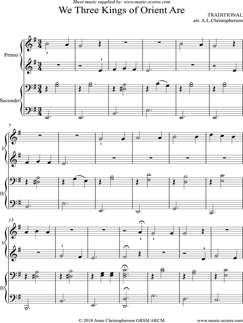 Front page of We Three Kings: Piano Duet sheet music