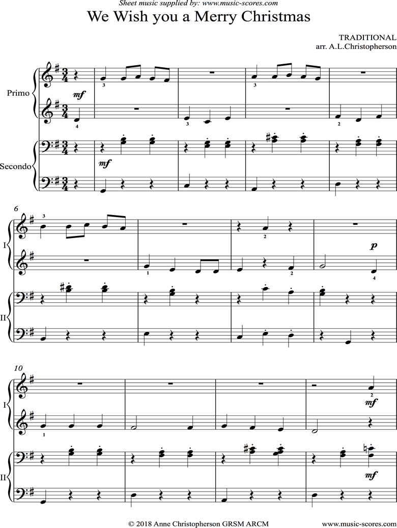Front page of We Wish You a Merry Christmas: Piano Duet sheet music