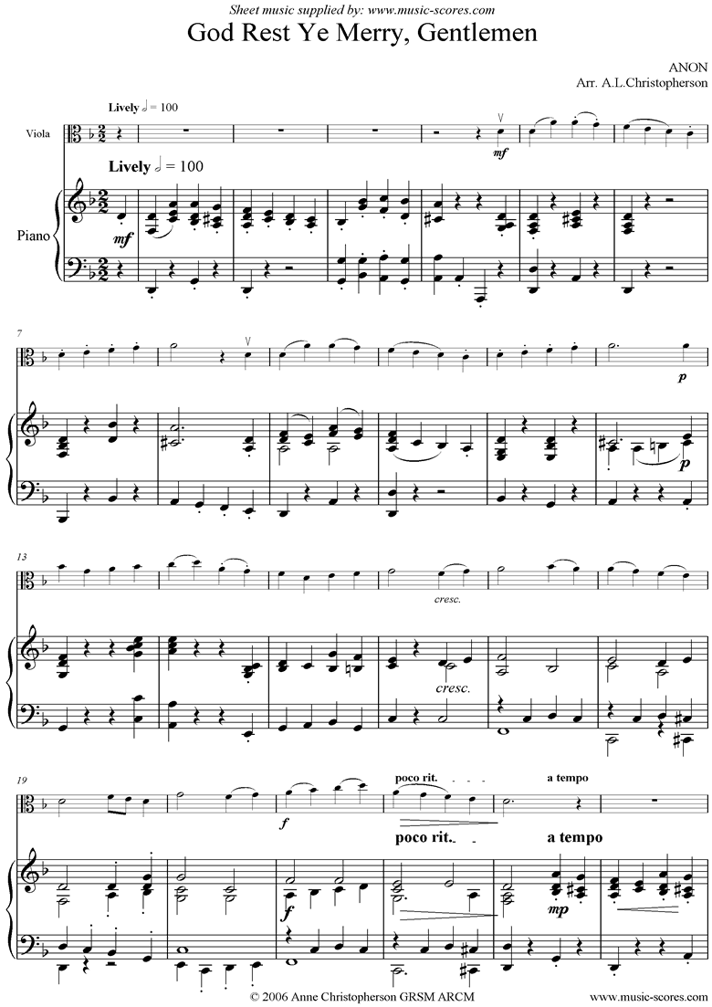 Front page of God Rest Ye Merry, Gentlemen: Viola and Piano sheet music