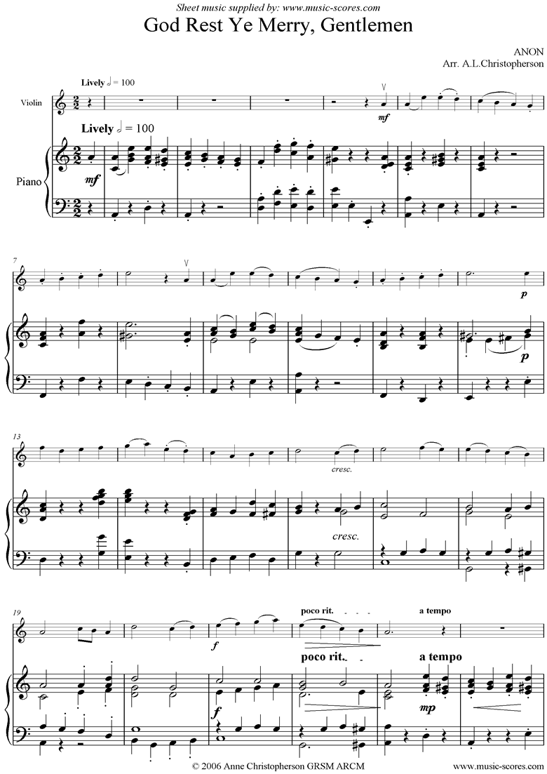 Front page of God Rest Ye Merry, Gentlemen: Violin and Piano sheet music