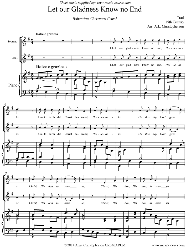 Front page of Let our Gladness Know no End: choir SA, Piano or Organ sheet music