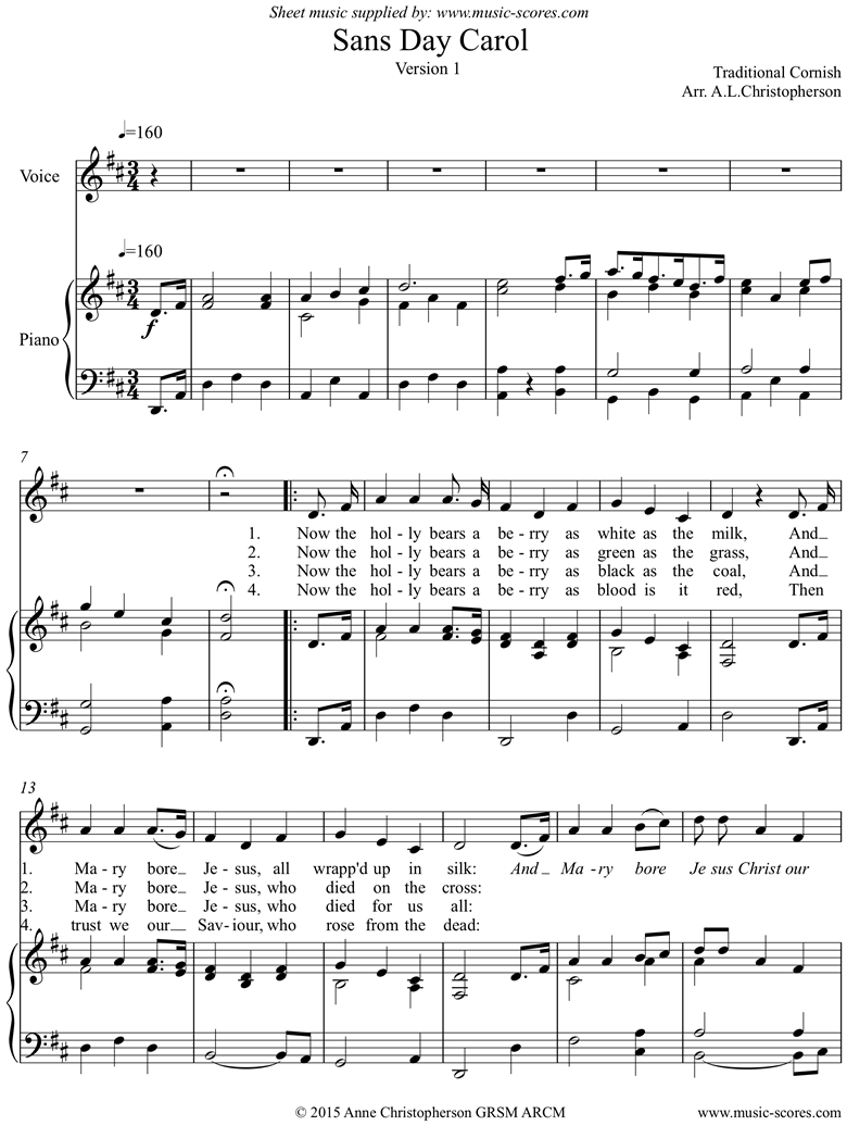 Front page of Sans Day Carol: Voice and Piano sheet music