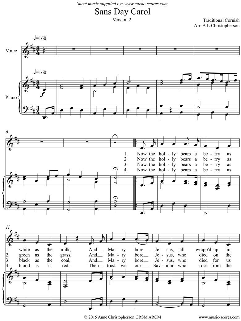 Front page of Sans Day Carol: Voice and Piano sheet music