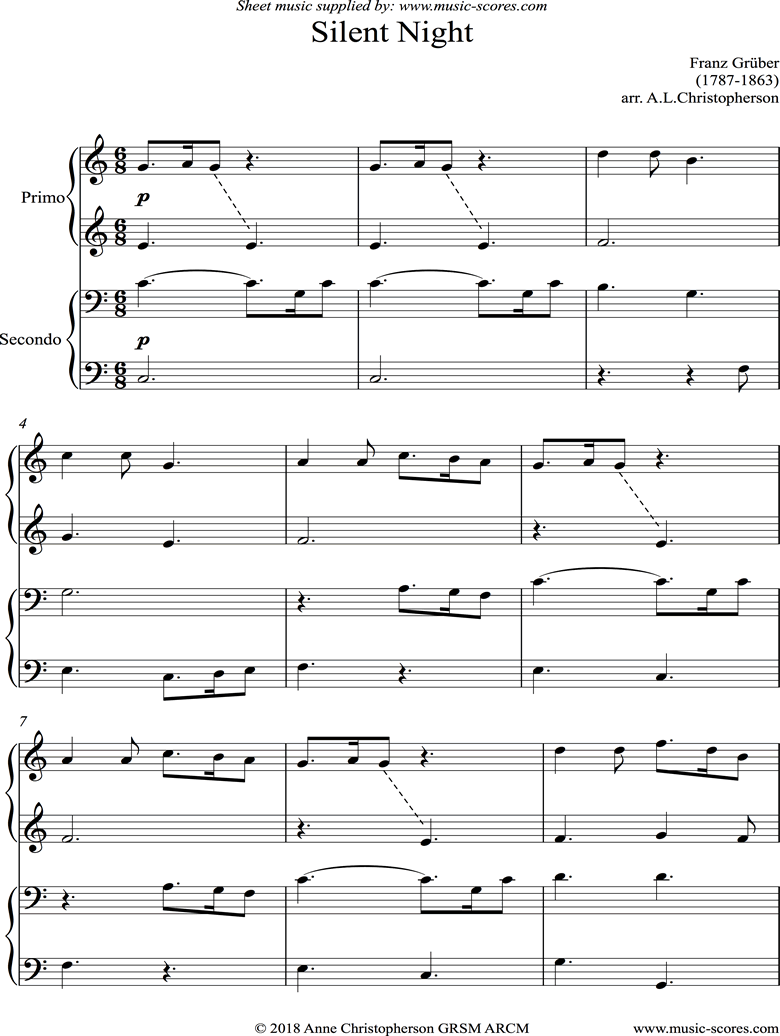 Front page of Silent Night, Holy Night: Piano Duet, easy sheet music
