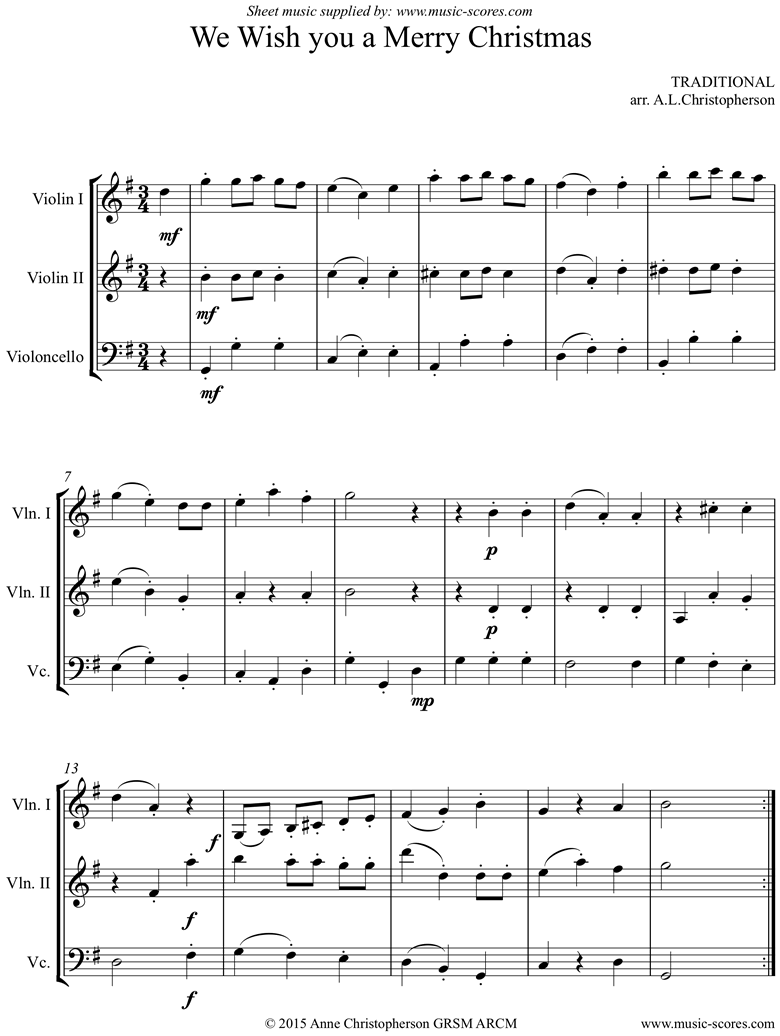 Front page of We Wish You a Merry Christmas: 2 Violins, Cello sheet music