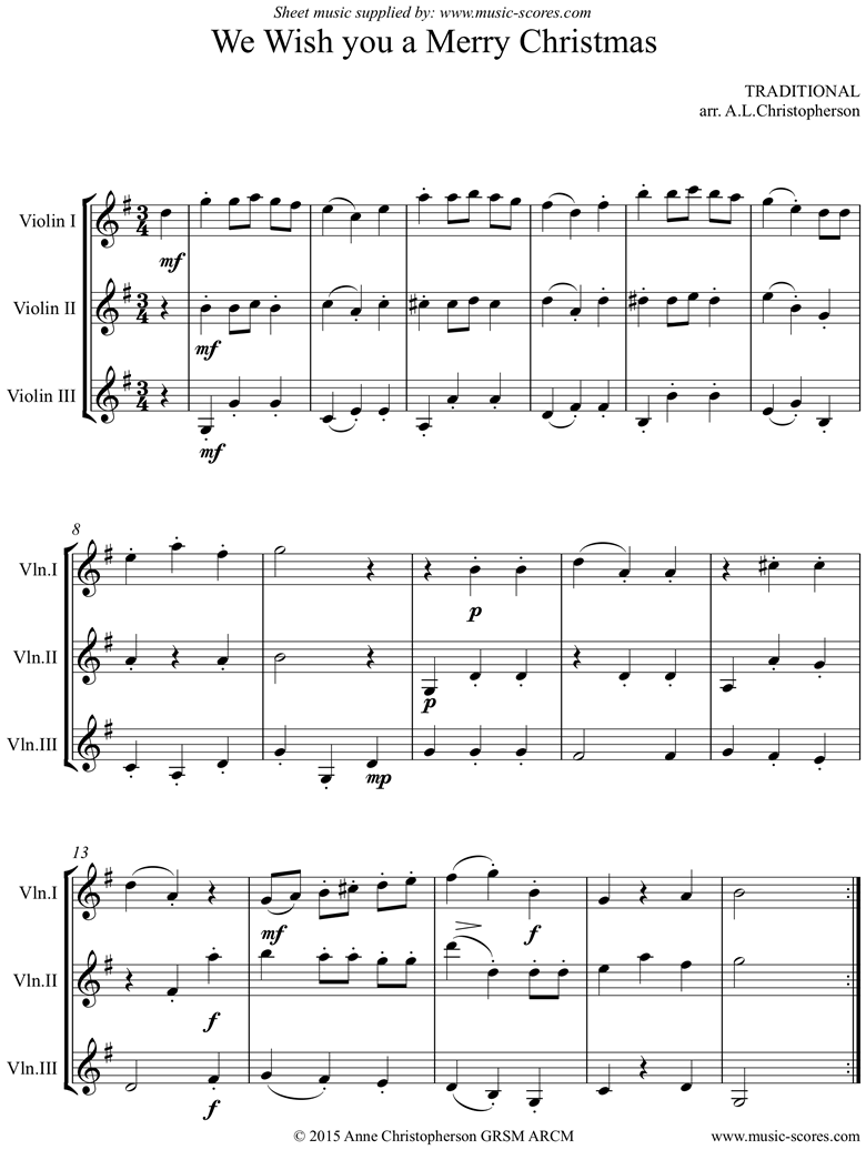 Front page of We Wish You a Merry Christmas: 3 Violins sheet music