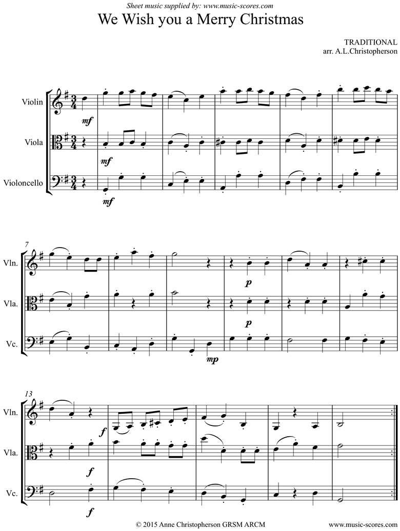 Front page of We Wish You a Merry Christmas: Violin, Viola, Cello sheet music