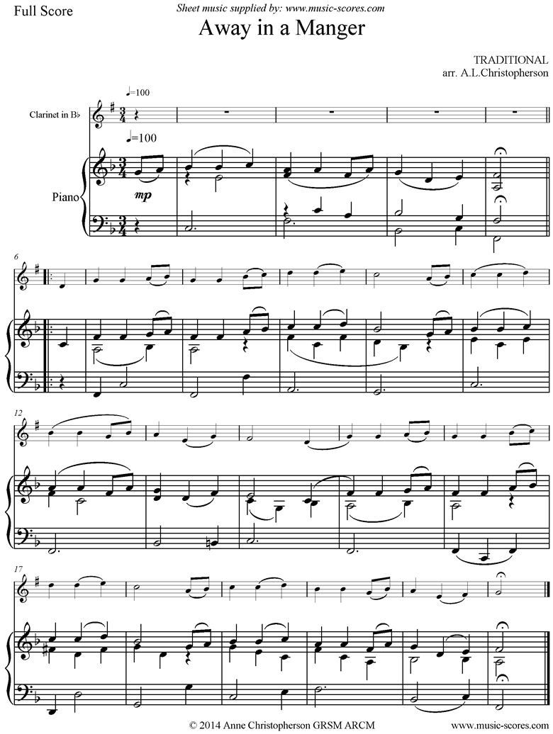 Front page of Away in a Manger: Clarinet, Piano sheet music