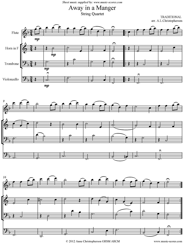 Front page of Away in a Manger: Flute, Horn, Trombone, Cello. sheet music