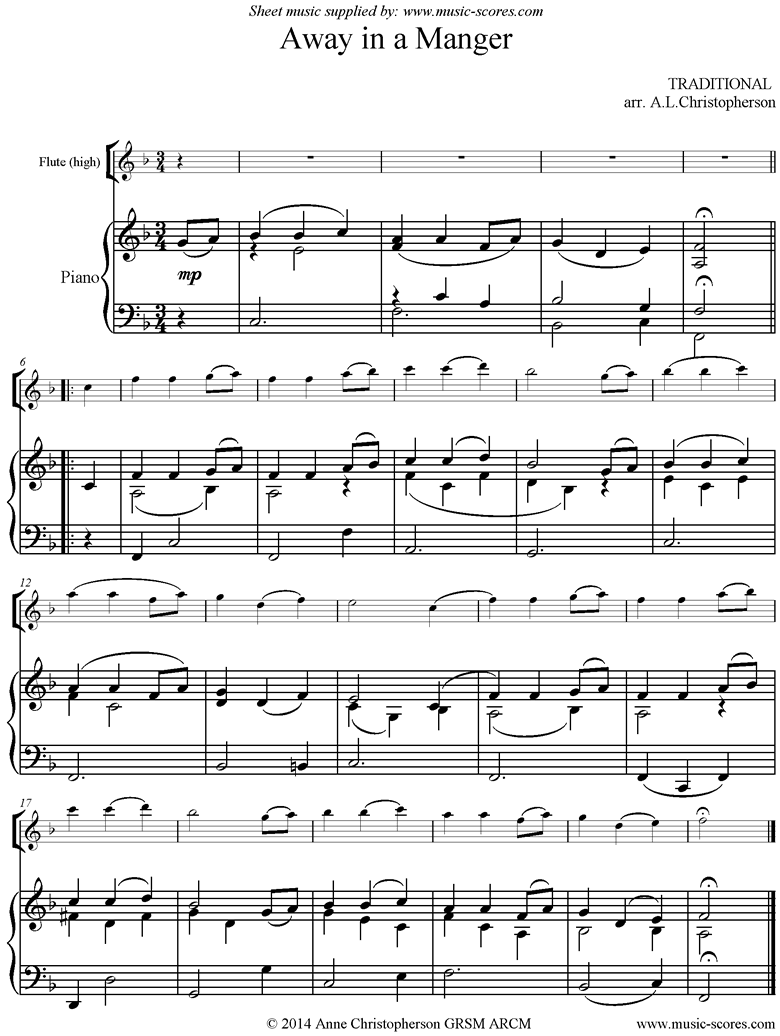 Front page of Away in a Manger: Flute, Piano sheet music