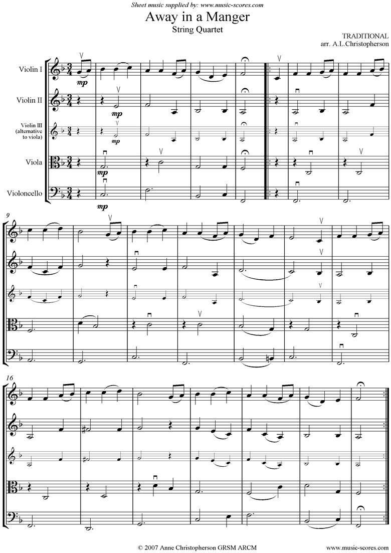Front page of Away in a Manger: String Quartet sheet music