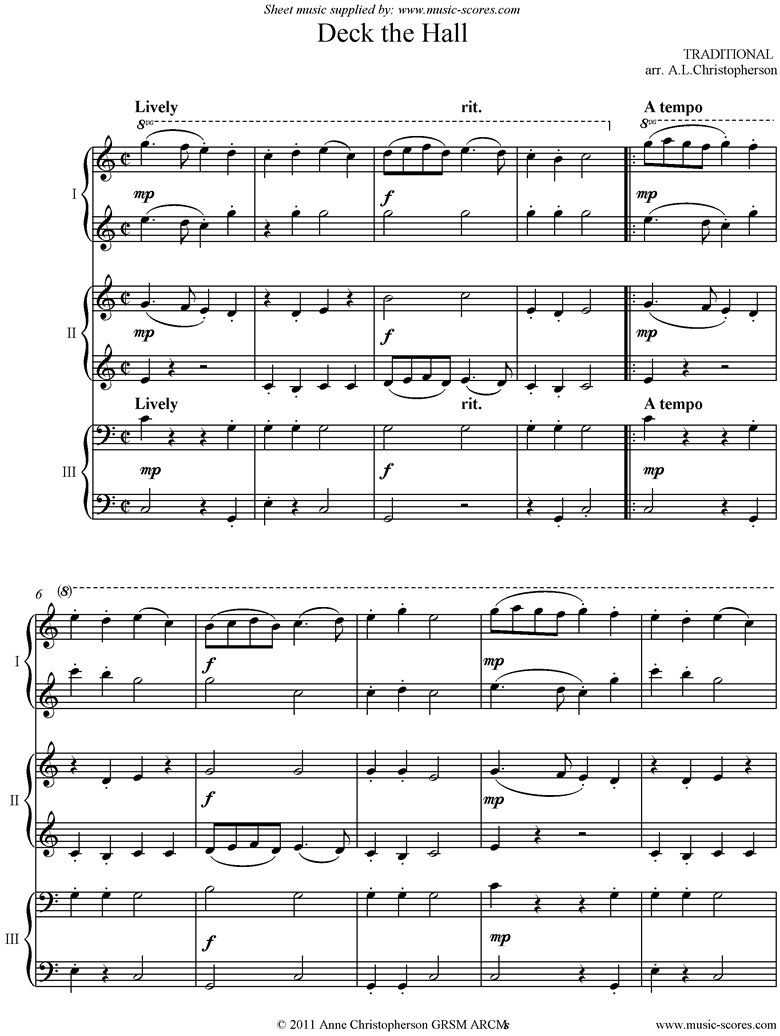 Front page of Deck the Hall with Boughs of Holly: 6 Hands Piano sheet music