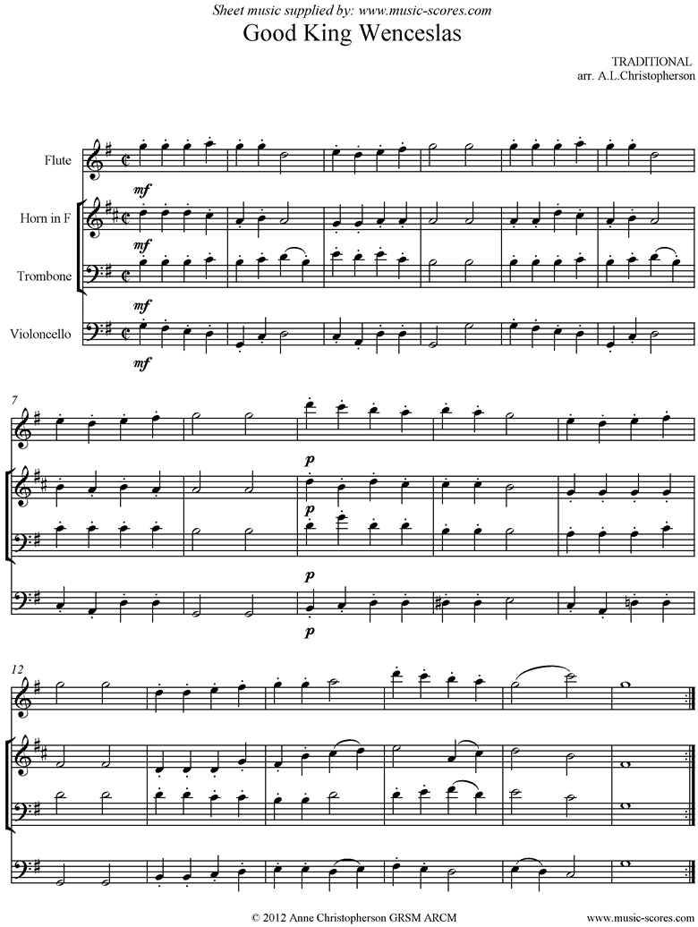 Front page of Good King Wenceslas: Flute, Horn, Trombone, Cello. sheet music